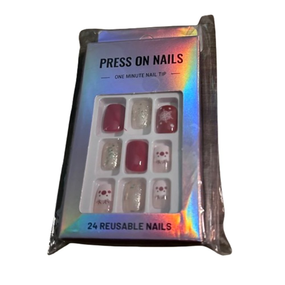 New 24 Reusable Burgundy Glitter Press On Nails Set